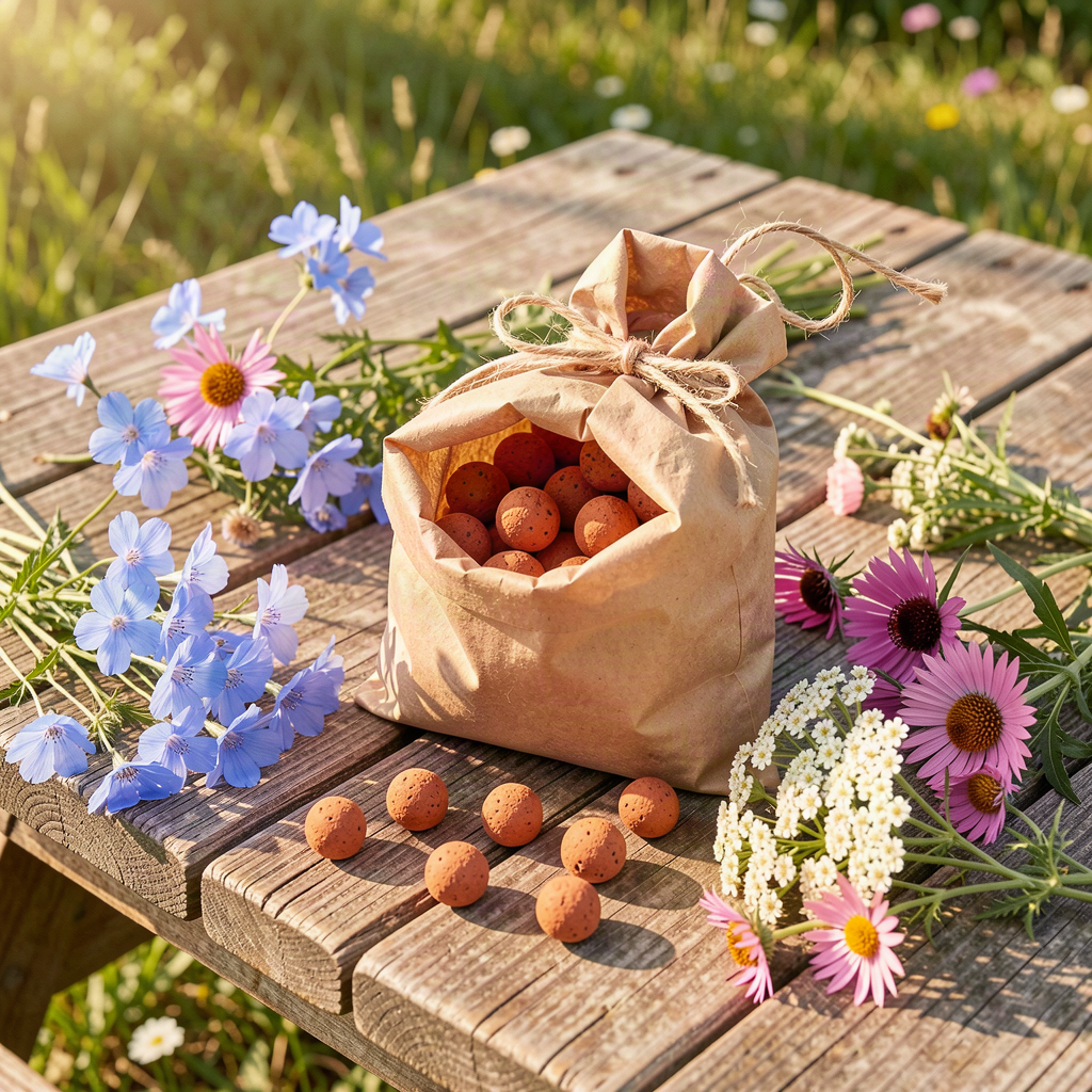 A kraft paper bag of THROWN seed balls surrounded by fresh western wildflowers
